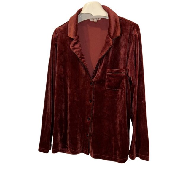 rachel zoe wine velour velvet pyjamas style button down Holiday Top L - Picture 1 of 3